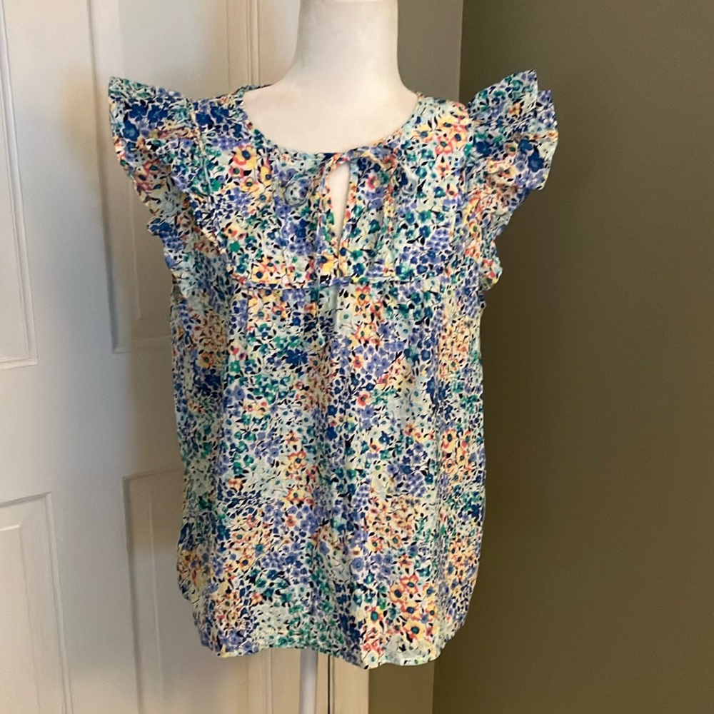 J Crew floral ruffle sleeveless summer cotton blouse work weekends EUC M